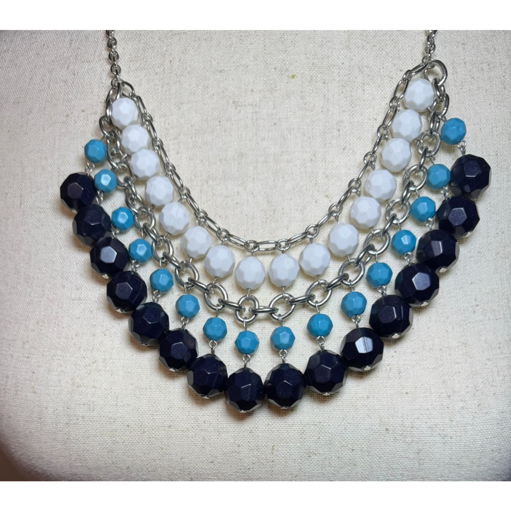 Chunky Bib Necklace Silver Tone White Turquoise Aqua Navy Blue Faceted Bead 21"